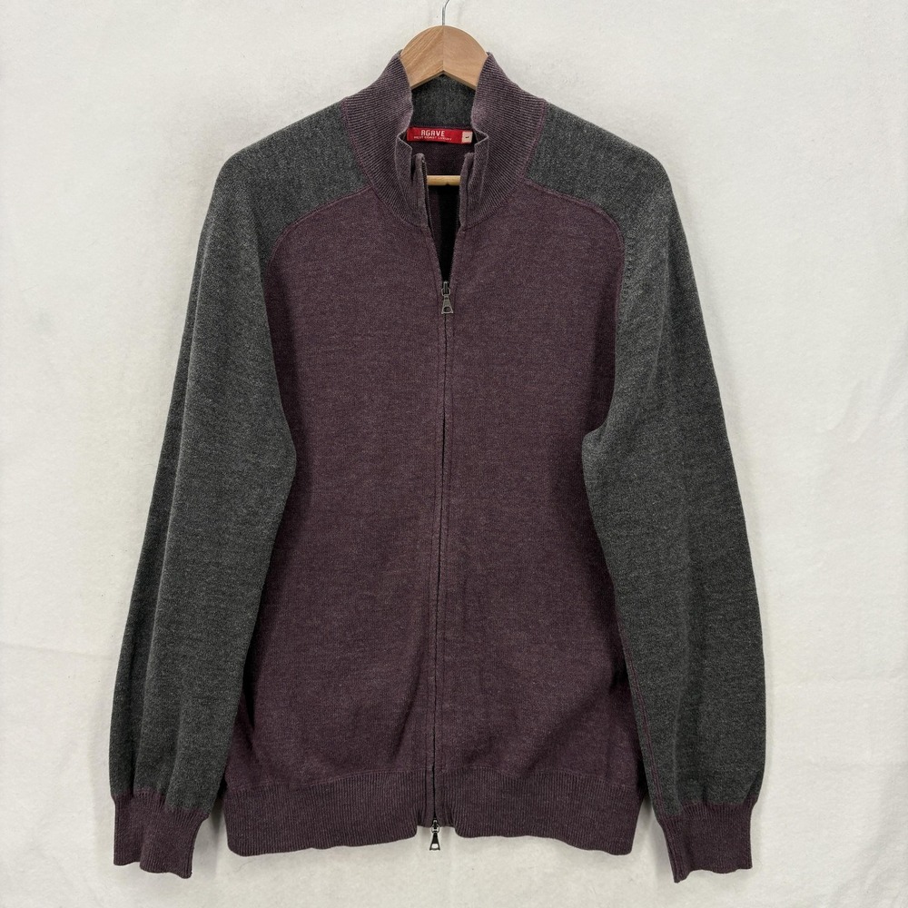 Agave Sweater Mens Large Purple Gray Milton Full Zip Cotton Mock Neck Knit
